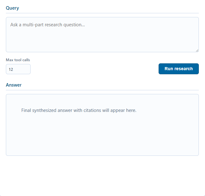 Research agent query panel with multi-part question, max tool calls, and answer area
