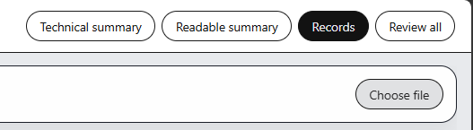 Mode tabs for technical summary, readable summary, records, and review all