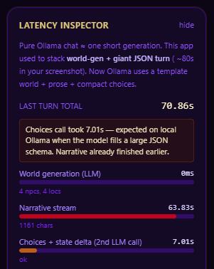 Latency inspector showing world gen, narrative stream, and choices timing