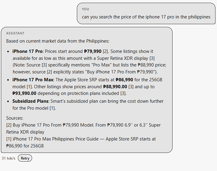 Lumen answering an iPhone price question with live web search and numbered sources